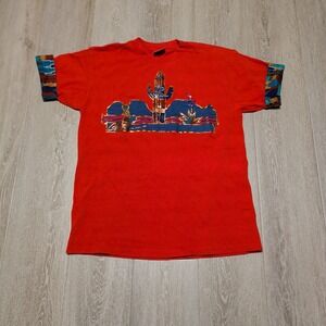 Rare Vintage Oneita Power-T Red Southwestern Cactus Puff Print Tee USA Large